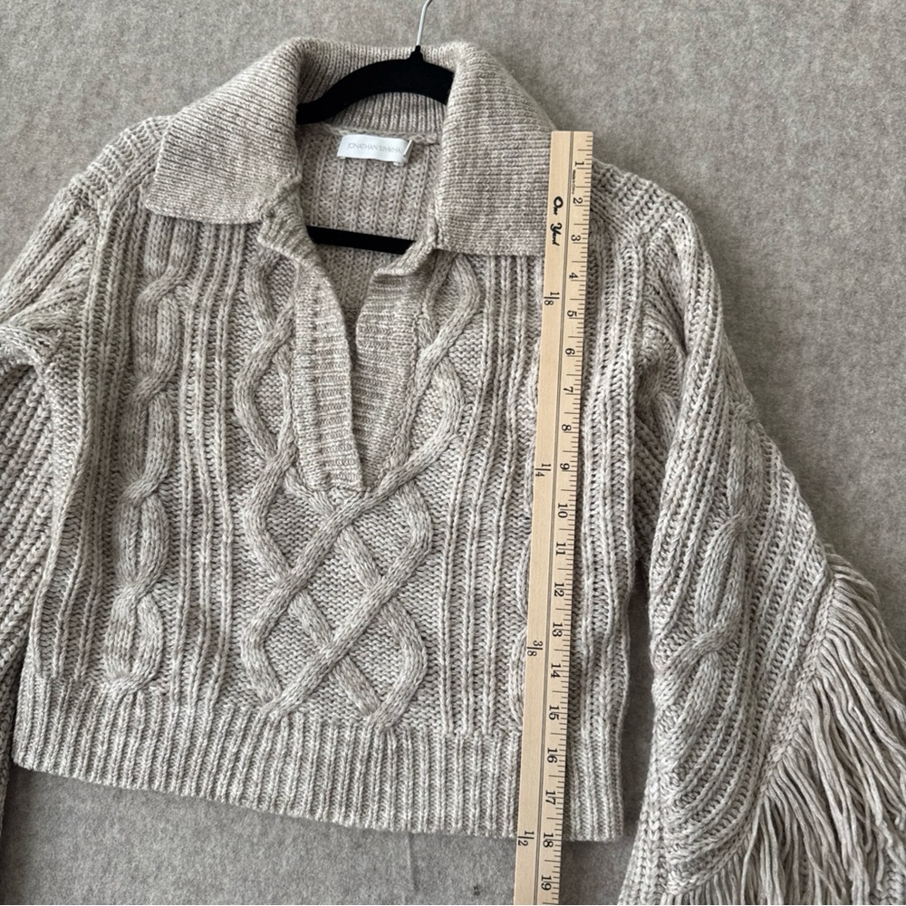 Jonathan Simkhai Kara Mouline Cable Knit Fringe Polo Sweater Beige - Picture 4 of 11